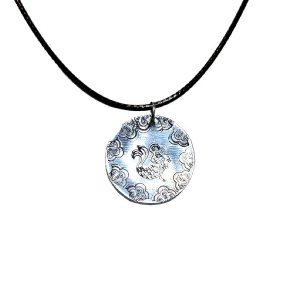 Handmade stamped mermaid hypoallergenic aluminum pendant Black leather necklace‎
